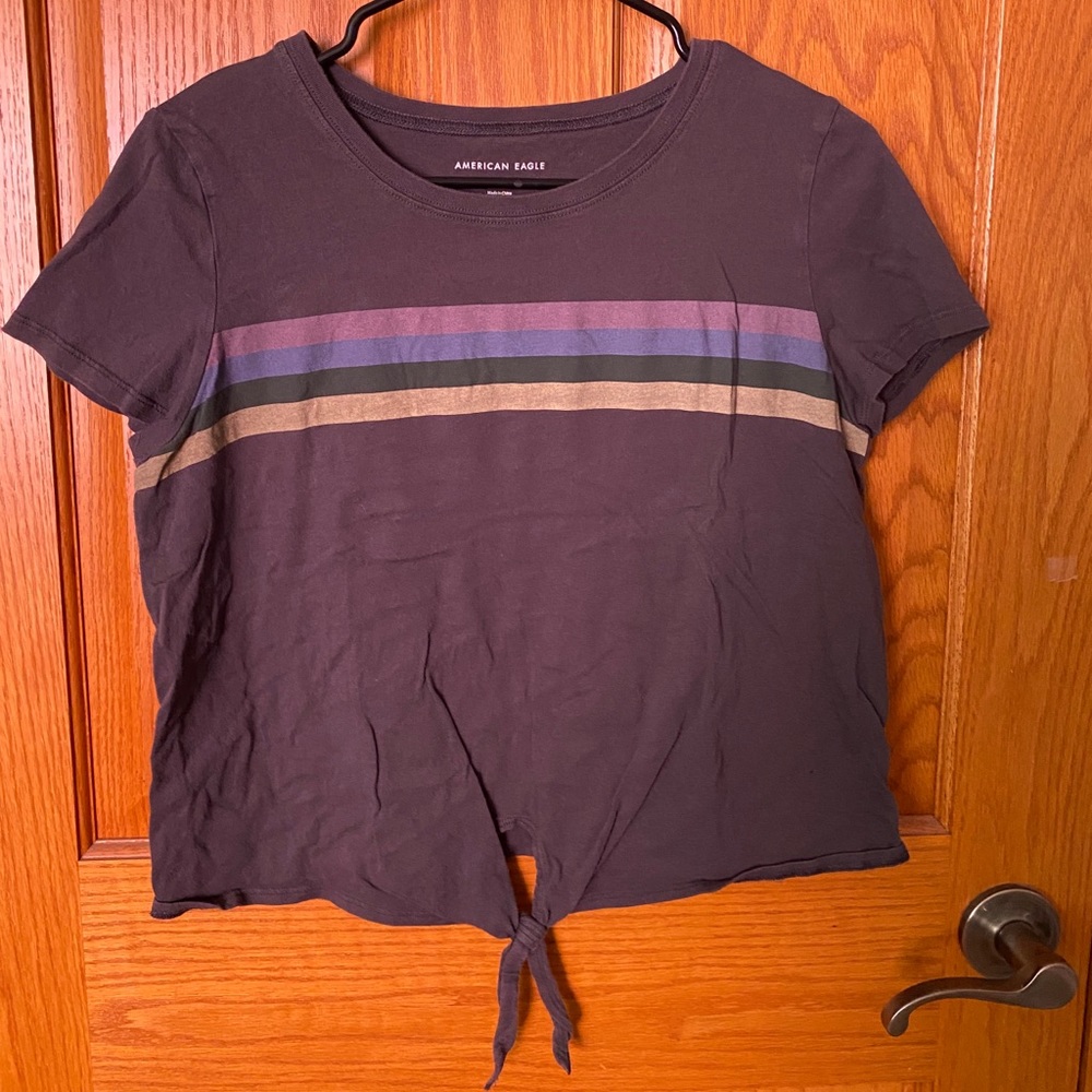 American Eagle Boxy Tee | charcoal grey with colored stripes